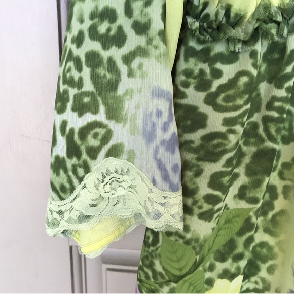 Piano Blouse Silky Pretty Empire Waist SzL Green/Yellow 3/4Sleeves - Picture 9 of 9